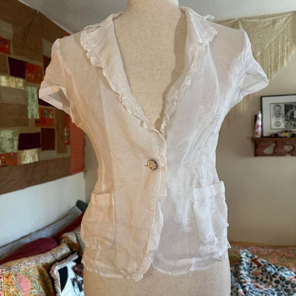 Compagna White Sheer Button Ruffled Blouse